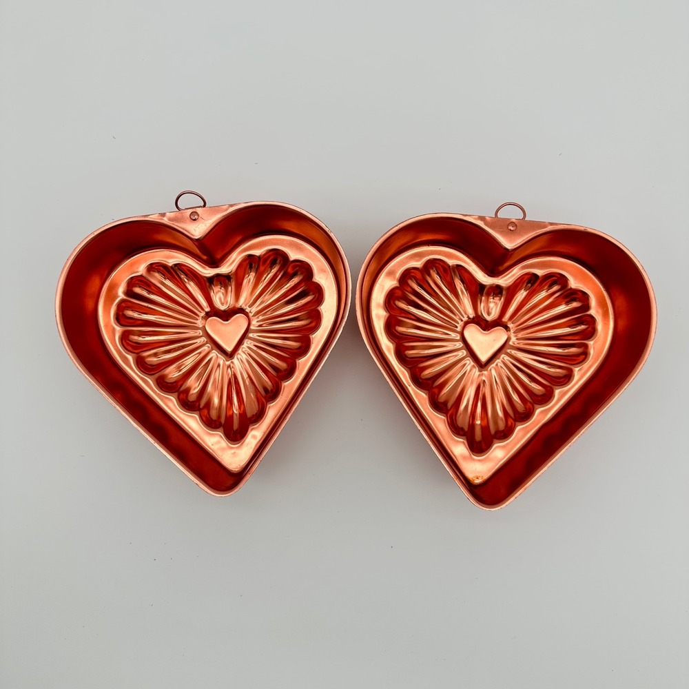 Vintage Copper Heart Jello Mold Set 2pc Sunburst Fluted Wall Hanging Decor